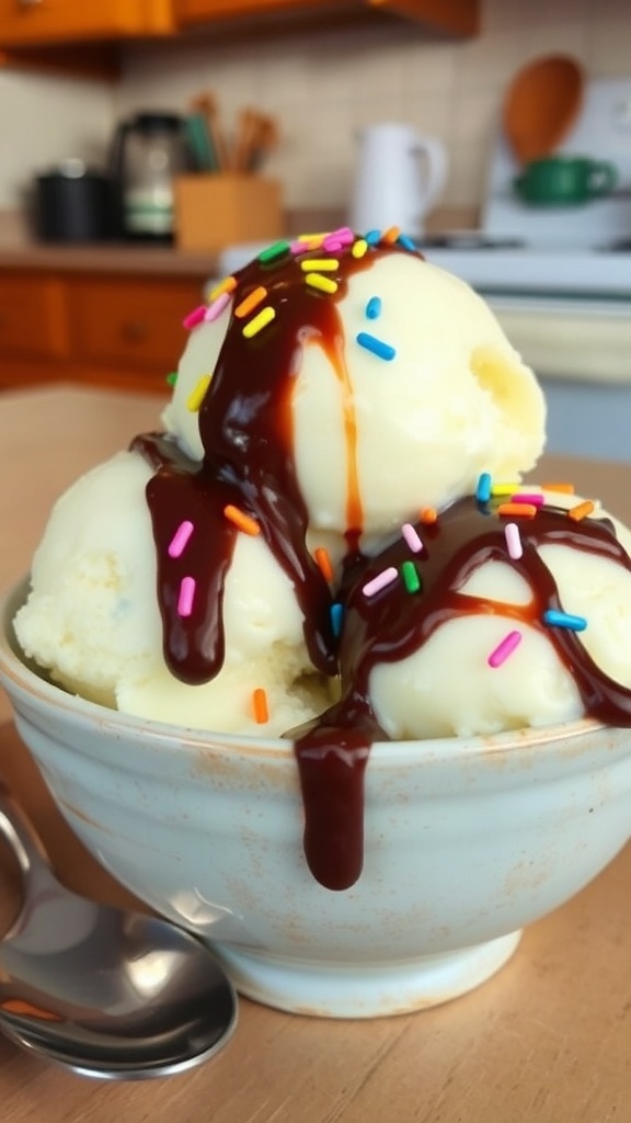 A bowl of vanilla ice cream topped with chocolate sauce and sprinkles, with a vintage spoon on a wooden table.